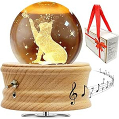 3D K9 Crystal Ball Night Light, LED Lamp with Music Box, Beech Wood, Glass Decoration Living Room, Gifts for Women and Men, Birthday, Valentine's Day, Mother's Day, Christmas, Gift Box Package (Cat)