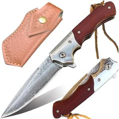 BFYLIN Damask Pocket Knife Folding Knife, Sharp One-Handed Knife with Damascus Steel Blade, Wooden Handle Liner Lock Flipper Knife Sheath Leather Sheath - Damascus Knife for Camping