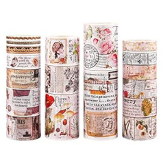 18 Rolls Washi lentes komplekts, Lychii Vintage dekoratīvā maskēšanas lente, DIY papīra līmlentes mākslai un amatniecībai, kartītes, aploksnes, kalendāri, iepakojumi un dienasgrāmatas