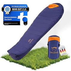 Tourbold Down Sleeping Bag Outdoor | 3 Seasons | Ultralight (1250 g) | Small Pack Size | Extra Long Zip | Comfort Cut | Mummy Sleeping Bag | Camping Trekking Mountaineering