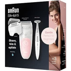 Braun Silk-épil 5 epilators sievietēm ar skūšanās un trimera stiprinājumu maigai matu noņemšanai, mitrai un sausai epilācijai, augstas frekvences masāžas uzgalis, neslīdošs rokturis, balts/rozā