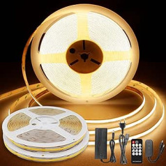 TTWAY COB LED sloksne 20 m, 2700 K DC24 V LED sloksne ar barošanas avotu, tālvadības pults, 384LEDs/M, CRI 90+, 8 mm platums, aptumšojama LED sloksne mājas dekorēšanai, silti balta (2 x 10 m)