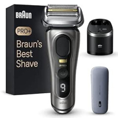 Braun Series 9 Pro+ vīriešu elektriskais skuveklis ar 5 Pro skuvekļa elementiem, garu matu griezējs un tīrīšanas staciju, skuvekļa uzlādes futrālis PowerCase, Valentīna dienas dāvana viņam, 9575cc, dārgmetāls