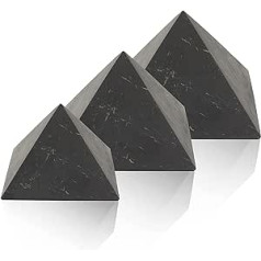 Heka Naturals nepoliruoto šungito piramidės kristalų rinkinys iš 3 | 5 + 8 + 10 cm - Juodi mineraliniai akmenys dekoravimui ir meditacijai - Svetainės kristalai - Natūralus barjeras ir valiklis - Fullerenas