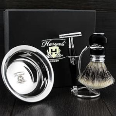 Haryali London Herren Rasierset Rasiermesser ar doppelter Schneide, Dachshaarbürste ar silberner Spitze, Rasierständer und Rasierschale Perfect Shaving Kit