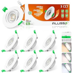 ALUSSO LIGHTING LED padziļināts prožektors 230 V, 6 W, 540 lm, diametrs 75 mm, plakani padziļināti griestu prožektori, aptumšojami silti balti, neitrāli balti, vēsi balti, padziļināti prožektori, 60°/120° pārslēdzami,