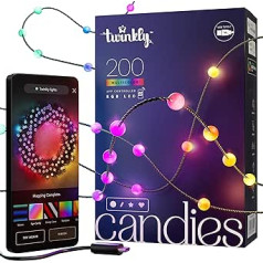 Twinkly Candies Stringa Luminosa A Forma di Perla ar 200 LED RGB. 12 metri. Filo Verde. Kontrollata da App. Ēdiens USB-C. Decorazione Luminosa Intelligente per Interni