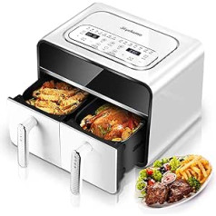 Skyehomo Hot Air Fryer, Double Chamber, 2100 W, Digital Hot Air Fryer, Dual Basket with Transparent Window, 14-in-1 Functions, LED Touch Screen, Dual Chambers, BPA-Free, XXL Fritters with Hardly Any