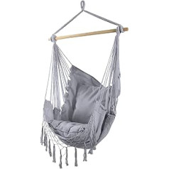 Rebecca Mobili RE6697 Grey Polycotton Upholstered Hammock Chair with Cushion Indoor Outdoor 140 x 100 cm