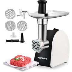 Edihome, Electric Meat Mincer with Sausage Filler, Multifunctional with 3 Cutting Plates (Black/White)