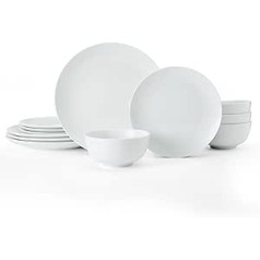 Mikasa krīta 12-daļīgs porcelāna trauku komplekts, balti galda piederumi 4 personām, 4 x šķīvji, 4 x sānu šķīvji un 4 x graudaugu bļodas - dāvanu kastīte, mikroviļņu krāsnī un trauku mazgājamajā mašīnā