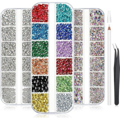 Blulu 9000 Pieces Nail Art Rhinestones Nail Diamonds Stone AB Crystal Rhinestone Nail Gemstones Colourful Flat Back Rhinestones with Picker Dotting Pen and Tweezers, Mixed Size