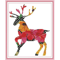14CT DIY Pre-Printed Cross Stitch Kits Needlework Complete Range Pre-Printed Embroidery Starter Kits for Beginners - Coloured Deer 32 x 38 cm