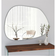 Gozos Modern Industrial Xabia spogulis, sienas spogulis ar koka apakšējo daļu, ieskaitot stiprinājuma materiālus, izmēri 90 x 70 x 2,2 cm, asimetrisks spogulis, ideāli piemērots kā dekoratīvs priekšmets