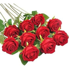 10 Pcs Long Stem Artificial Roses for Decoration Bouquet Wedding Floral Arrangement (Red)