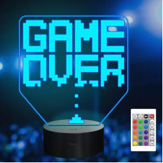 Attivolife Game 3D Illusion Lamp, Game Over Night Light ar tālvadības pulti + taimeris, 16 krāsu maiņas galda lampas, bērnu spēļu istabas dekors, ieslēdzams, labākās foršās svētku dāvanas zēniem vīriešiem