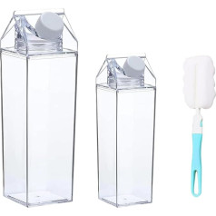 QISF Piena kartona ūdens pudele, 500 ml + 1000 ml, caurspīdīgas kvadrātveida piena pudeles, pārnēsājamas sulas pudeles, atkārtoti lietojamas hermētiskas pudeles ar birstēm, kempinga aktivitātēm