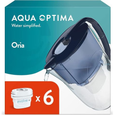 Aqua Optima Oria Water Filter Jug & 6 x 30 Day Evolve+ Water Filter Cartridge, 2.8 Litre Capacity, to Reduce Microplastic, Chlorine, Limescale and Impurities, White