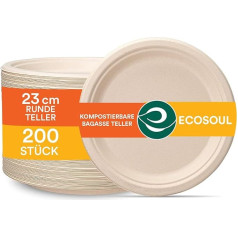 ECO SOUL apaļu 9 collu (23 cm) bagases papīra šķīvju komplekts bēšs (200 gab.) Vienreizlietojamie trauki un 100% kompostējami, videi draudzīgi ballīšu trauki, izturīgi kempinga trauki, mikroviļņu krāsnī un