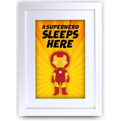 HWC Trading FR Ironman - A Superhero Sleeps Here Character Nursery Print A4 Framed Kids Gifts for Kids Bedroom Poster Friends Party Gift Photo Picture Frame Display