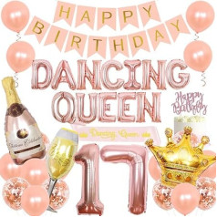 Dejo karaliene 17. dzimšanas dienas dekorēšana Rose Gold meitenēm Dejo karaliene 17 balonu skaits Sash ar Happy Birthday Banner Cake Topper Crown Confetti baloni