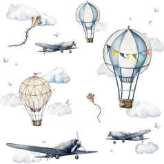 Little Deco DL707-4 Sienas uzlīme bērnu istabai Boys Aeroplane Sienas uzlīme Balloon Clouds Hot Air Balloon Stars Akvareļkrāsains sienas attēls bērniem