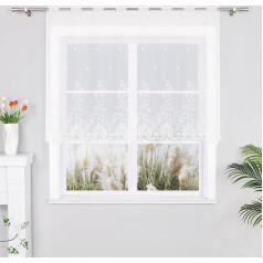 1 x Semi-Transparent “J13” Curtain, Embroidered White Flowers, Kitchen door net curtain