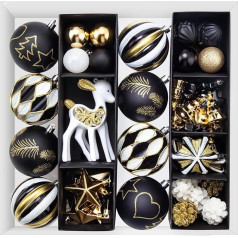 SVNVIOZ Pack of 59 Christmas Baubles Black Gold White Christmas Tree Baubles Plastic Decoration Christmas Shatterproof Christmas Tree Decoration with Hanger, Christmas Tree Baubles for Christmas