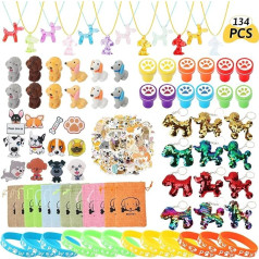 134 Pieces Dog Birthday Decoration Party Set - Dog Paw Children's Birthday Party Bag Dog Bracelet, Key Ring, Stamp, Stickers, Erasers, Gift Bag for Children, Boys, Girls