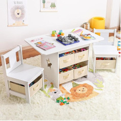 Yorbay Children's Table with 2 Chairs, Children's Table with Storage Space, 3-Piece Children's Seating Set, Painting Table for Children's Room, Playroom, Preschoolers, Children's Furniture, White