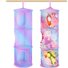 Mhjy Cuddly Toy Storage Hanging Basket Pack of 2 Foldable Hanging Storage Bērnu istaba Pildīta rotaļlieta karājas plaukts Vannas istaba rotaļlietu acu organizators Mesh Plush Toy Hanging Organiser 3 līmeņi