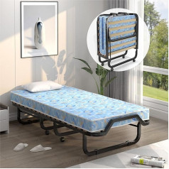 Costway Saliekamā gulta ar 10 cm biezu matraci, saliekamā gulta 90 x 200 cm uz riteņiem ar izturīgu konstrukciju mājai, birojam un kempingam, zila