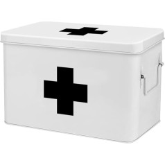 Flexzion First Aid Medicine Box Organizer Empty 33cm White Metal Tin Medical Storage Container Hard Case with Removable Tray Black Cross Vintage Antique Boxes