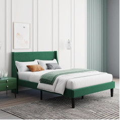 BTM Двуспальная кровать бархат мох зеленый 137 см Мягкая кровать с крылатым изголовьем, деревянная реечная опора
