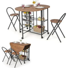 Costway 3 dalių sulankstomas valgomojo stalas ant ratukų su 2 lentynomis, 4 ištraukiamais krepšeliais, 2 sulankstomomis taburetėmis virtuvei, valgomajam, virtuvės baro sėdimųjų vietų komplektui (rudos spalvos)