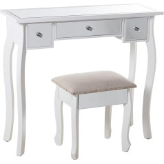 DRW Dressing Table with 3 Drawers Made of Wood and Mirror and Stool in White and Mirror 90 x 32.5 x 80 cm and Stool 40 x 34 x 43 cm
