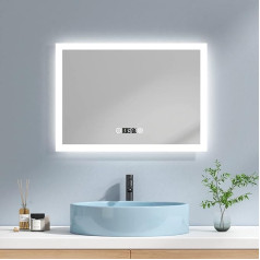 Emke Vannas istabas spogulis ar apgaismojumu 70 x 50 cm LED vannas istabas spogulis ar 3 gaismas krāsām Vēsā baltā neitrāla siltā baltā gaisma Spogulis ar apgaismojumu ar skārienjutīgo slēdzi Pret miglošanos Pulkstenis IP44