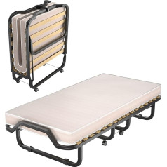 Costway Saliekamā gulta ar 10 cm biezu matraci, saliekamā gulta 90 x 200 cm uz riteņiem ar izturīgu konstrukciju mājai, birojam un kempingam