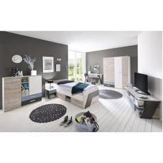 Lomadox Комплект для детской комнаты, дуб с белым, лава голубая, двухъярусная кровать 90х200 см, шкаф, письменный стол, прикроватная тумба, комод, 