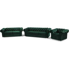 Moeblo Wohnlandschaft 321 Chesterfield 3-Seater, 2-Seater and Armchair, Velvet Cover, Upholstered Sofa, Sofas, Couch for Living Room, Lounge Sofa, Spring Core, Vintage Design, Avia (Dark Green)