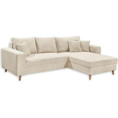 Stella Trading Larina Corner Sofa in Corduroy Look with Sleep Function, Cream - Modern Corner Couch in L-Shape with Bed Box and Solid Wood Feet - 282 x 92 x 186 cm (W x H x D)