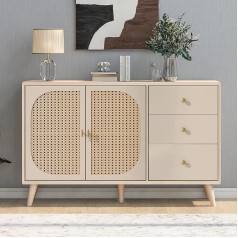 Azkoeesy Rattan Sideboard with 2 Rattan Doors and 3 Drawers, 120 x 40 x 82 cm, Chest of Drawers, Kitchen Cabinet, Buffet, TV Cabinet, Garden Furniture for Living Room (Off-White)