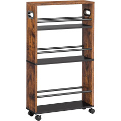 Hoobro Narrow Serving Trolley, 45 x 15 x 80 cm, Kitchen Trolley with 4 Levels, Kitchen Shelf with 360° Rotating Wheels and Railings, Easy to Assemble, Sturdy, Industrial, Dark Brown EBF15TC01