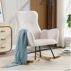 Hainew Rocking Chair, Relaxing Chair, Living Room Chair, Accent Chair, Armrests with Pockets and Wooden Legs, White Teddy Plush Fabric, Load Capacity up to 100 kg