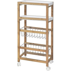 Bakaji Slim Salvaspazio Bamboo Kitchen Trolley with 2 Removable Trays, 2 Shelves and Metal Fruit Basket and 4 Swivel Wheels, Natural Wood