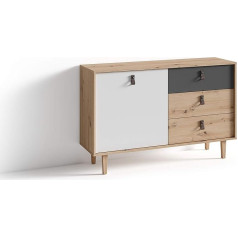 Byliving Bill 02 Sideboard, Chest of Drawers, 1 Door, 3 Drawers, Artisan Oak, Anthracite Fronts White, Wood Composite, Brown, W 120, H 77, D 36.5 cm