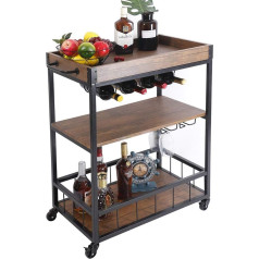 Bakaji 3 Tier Kitchen Trolley with Breakfast Tray, Bottle Holder for 4 Compartments + Cup Holder, Metal and Wood Frame for Corner Bar