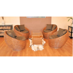 Rattani Gen Tong krāsa Brown Wash Wicker Rattan komplekts, 4 rotangpalmas krēslu komplekts + rotangpalmas galds ar spilvenu