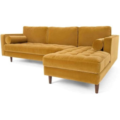 Yrra Mid-Century Modern Velvet Sofa with Two Smooth Bolster Pillows, 2 Seater/3 Seater/Chaise Lounge for Living Room (Yellow Chaise Lounge Left)