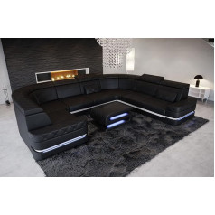 Sofa Dreams Positano Leather Sofa U-Shape Living Landscape with LED Lighting Headrests Couch Modern (Long Side Right, Black and White)